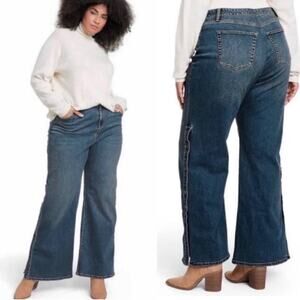 Nili Lotan x Target Sz 20W/22W Wide Leg Jeans with Side Buttons Mid Blue Stretch